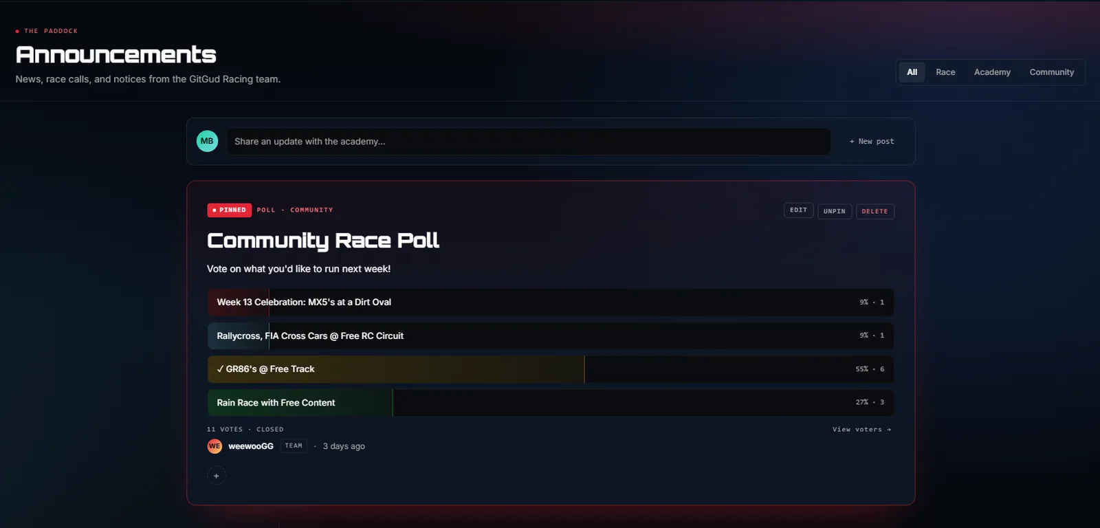Announcements feed — a Community Race Poll where members vote on next week's race, with reactions and replies.