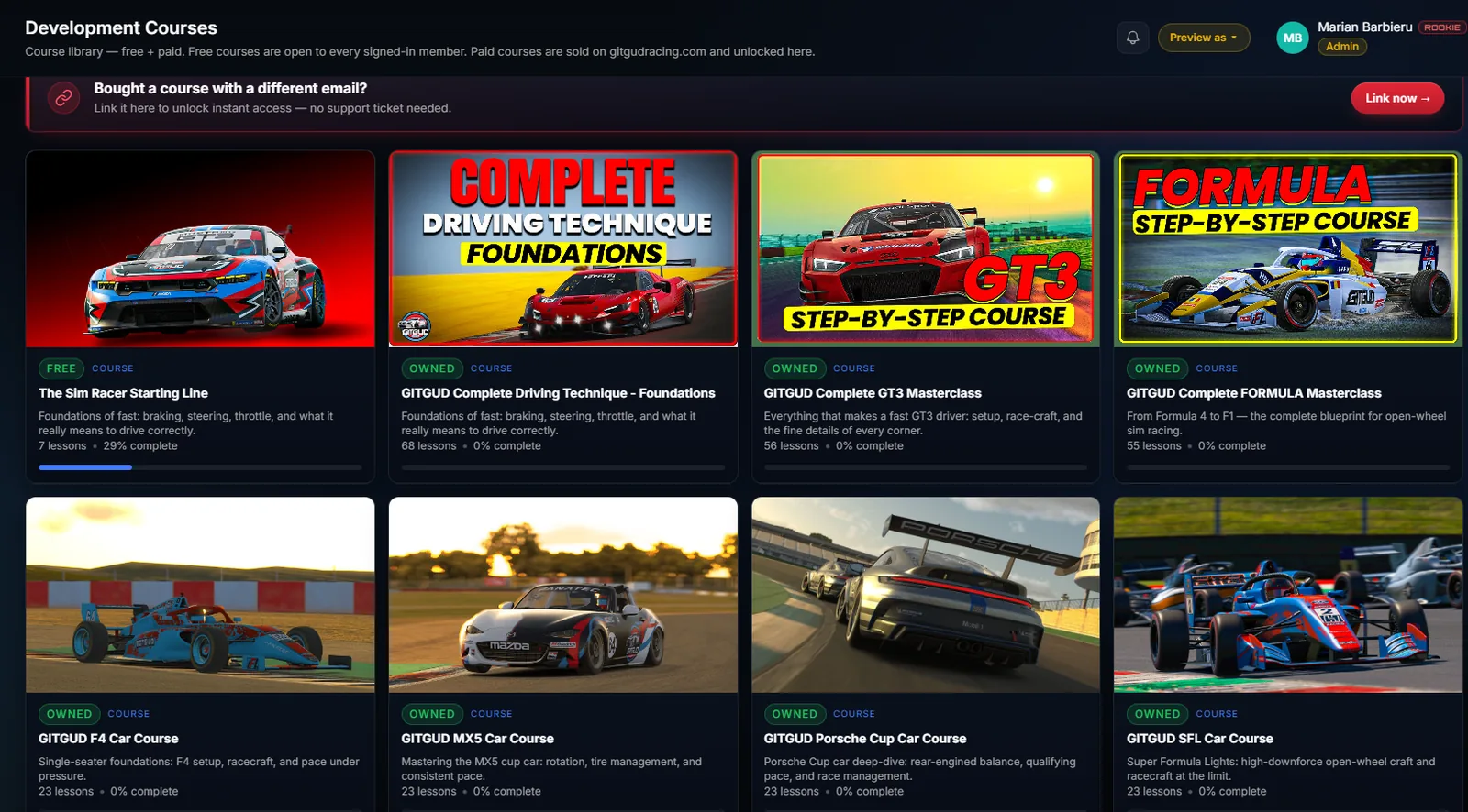 Development Courses listing — The Sim Racer Starting Line plus car- and series-specific masterclasses (GT3, Formula, MX-5, Porsche Cup and more).