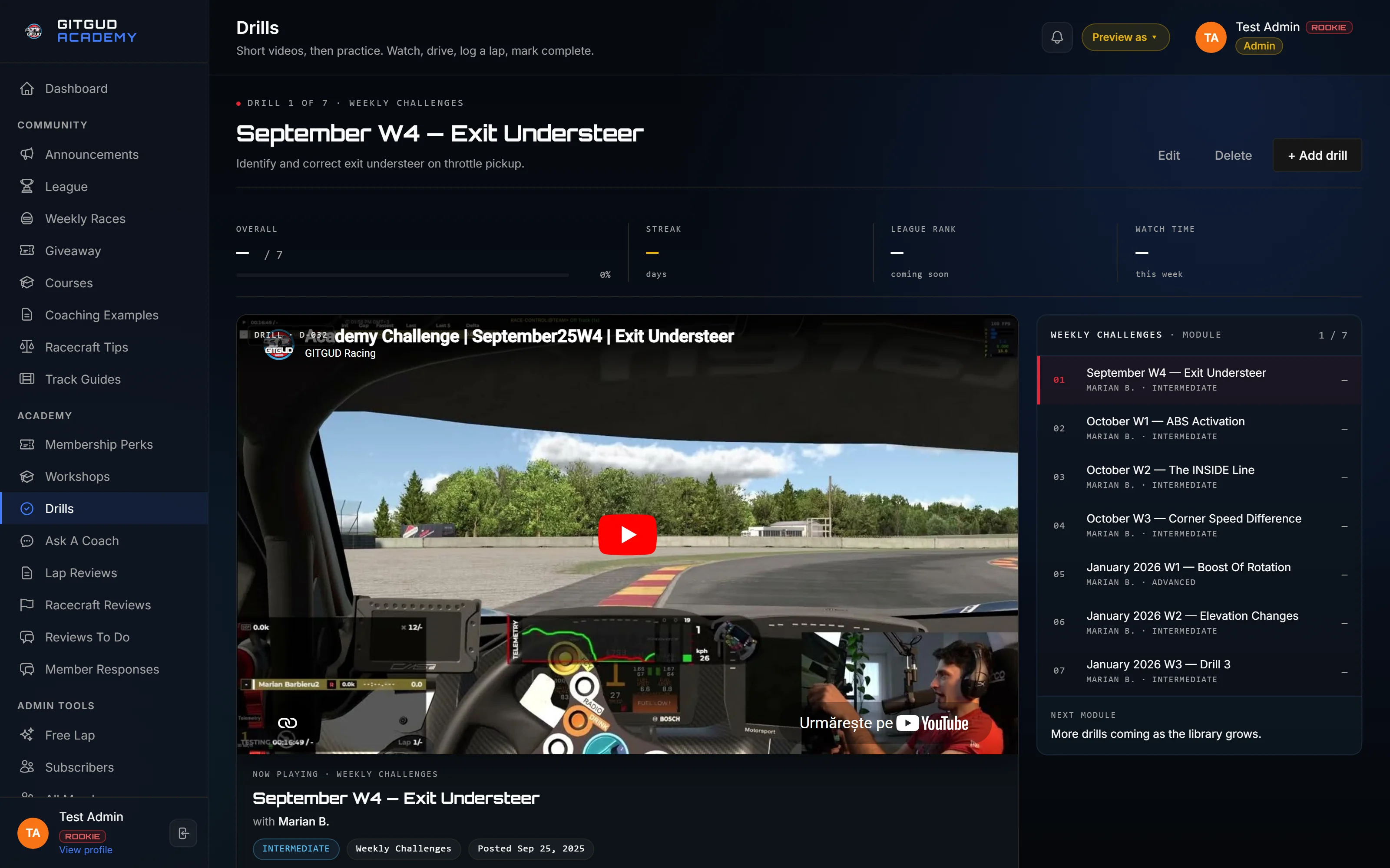 Weekly Drill — September W4 Exit Understeer, with video brief + weekly challenge schedule.